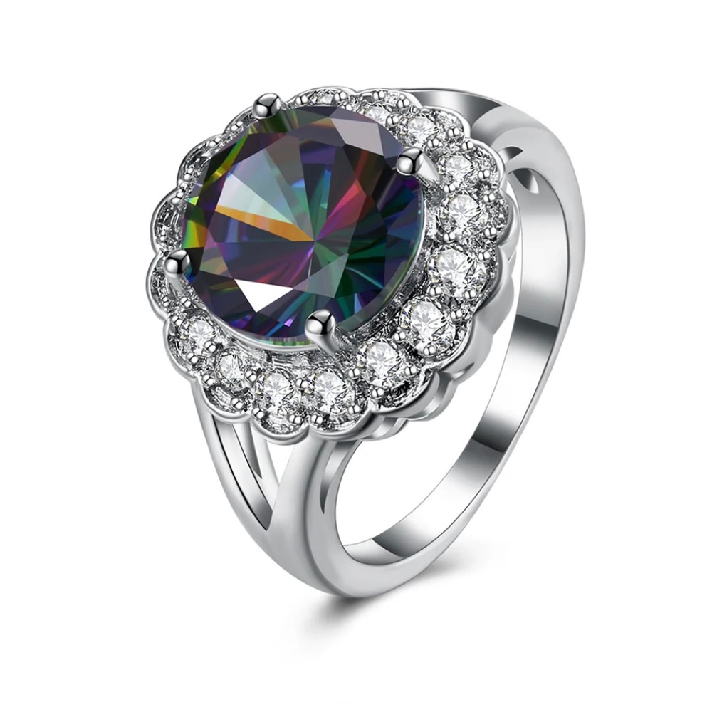 Round Mystic Topaz Blossoming 18k White Rolled Gold Ring